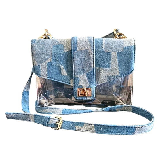 Women's Blue Denim Patchwork Clear "Concert" Crossbody Bag - Picture 1 of 9